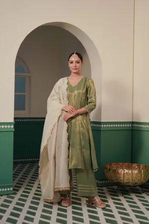 Moss Gota Tissue Anarkali and Wide Leg Pants with Gold Gota work for women