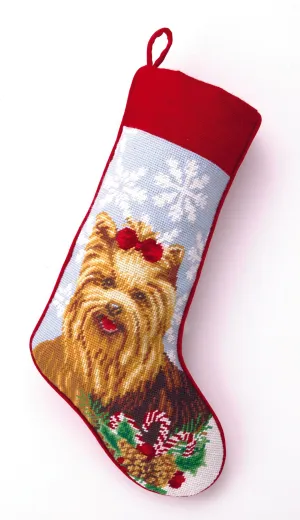 Needlepoint Christmas Dog Breed Stocking -Yorkie with Snowflakes