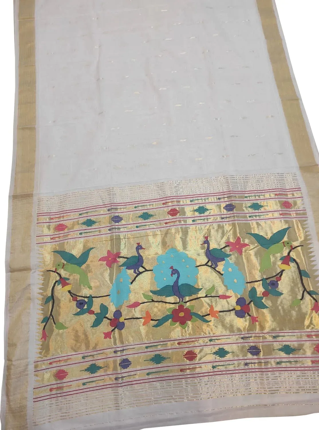 Off White Handloom Paithani Pure Cotton Peacock Design Saree
