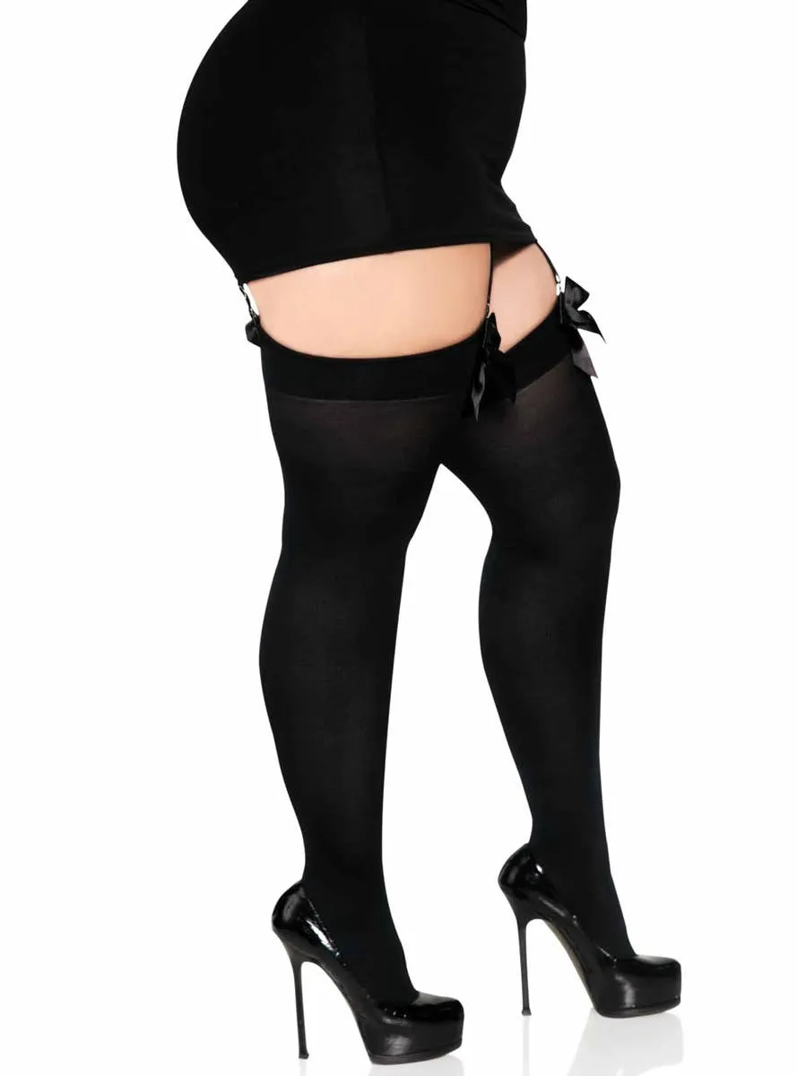 Opaque Black Plus Size Thigh High Stockings With Black Satin Bows