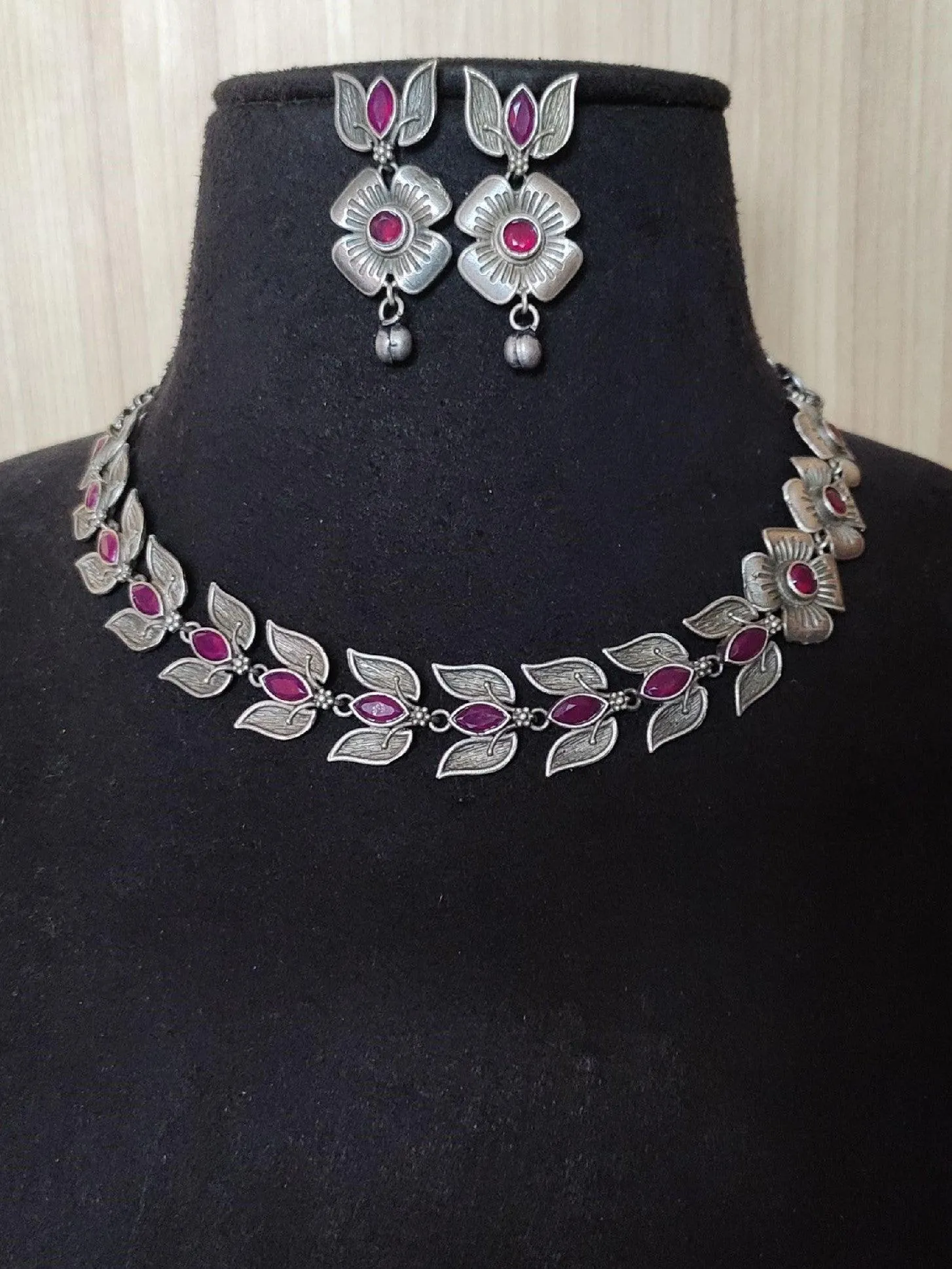 Oxidised Silver Floral Leaf Necklace Set with Dangler Earrings | Sarichka
