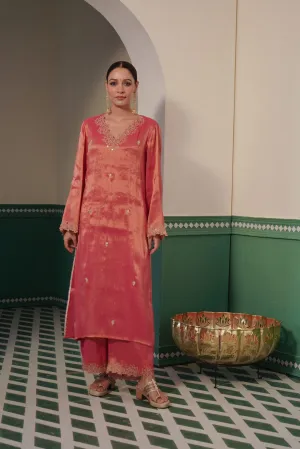 Peony Zari Tissue Kurta and Wide Leg Pants with Zari rose and sequins embroidery for women