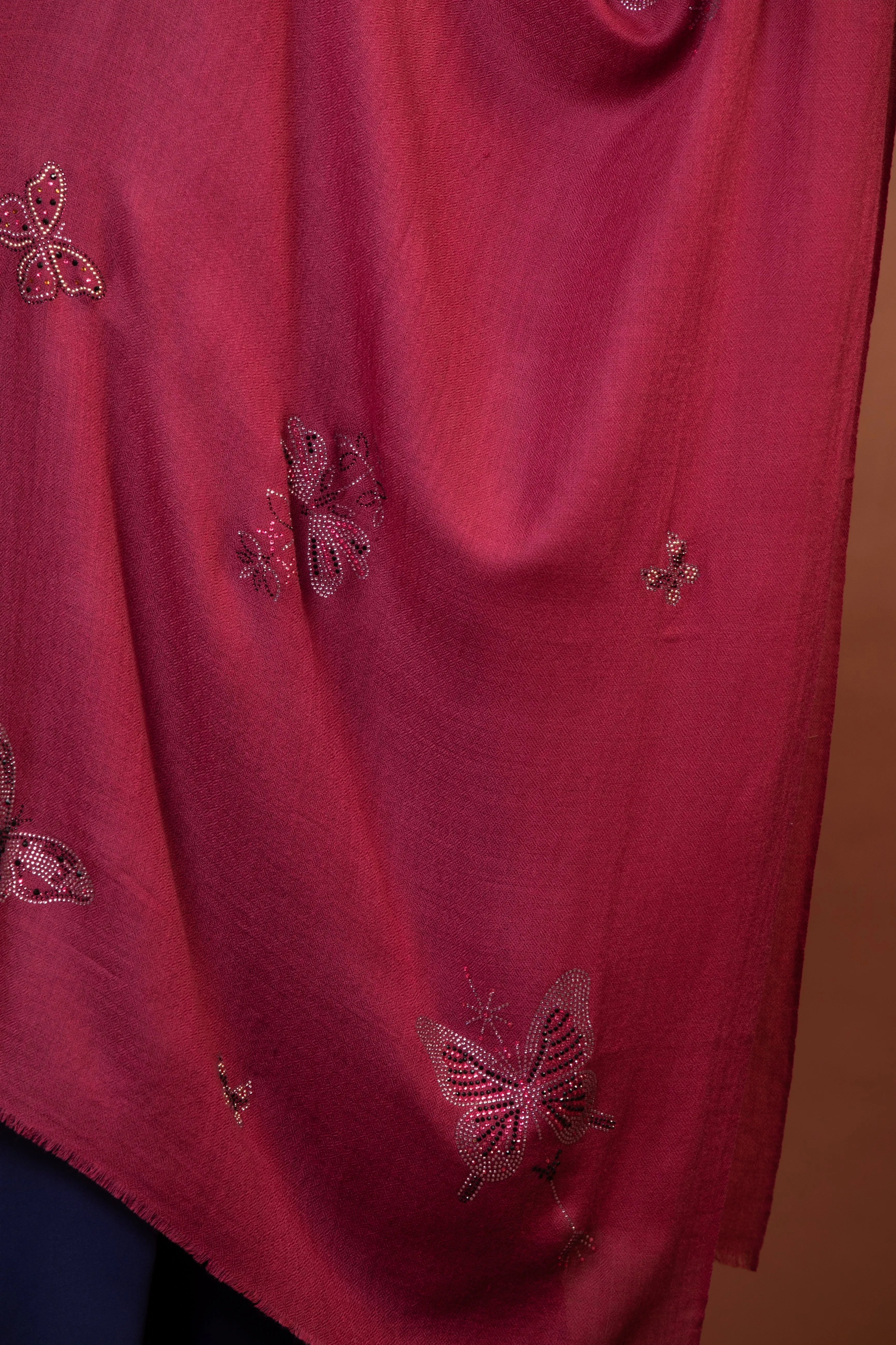 Pink Embroidered Sequin Butterfly Wool Shawl for Women