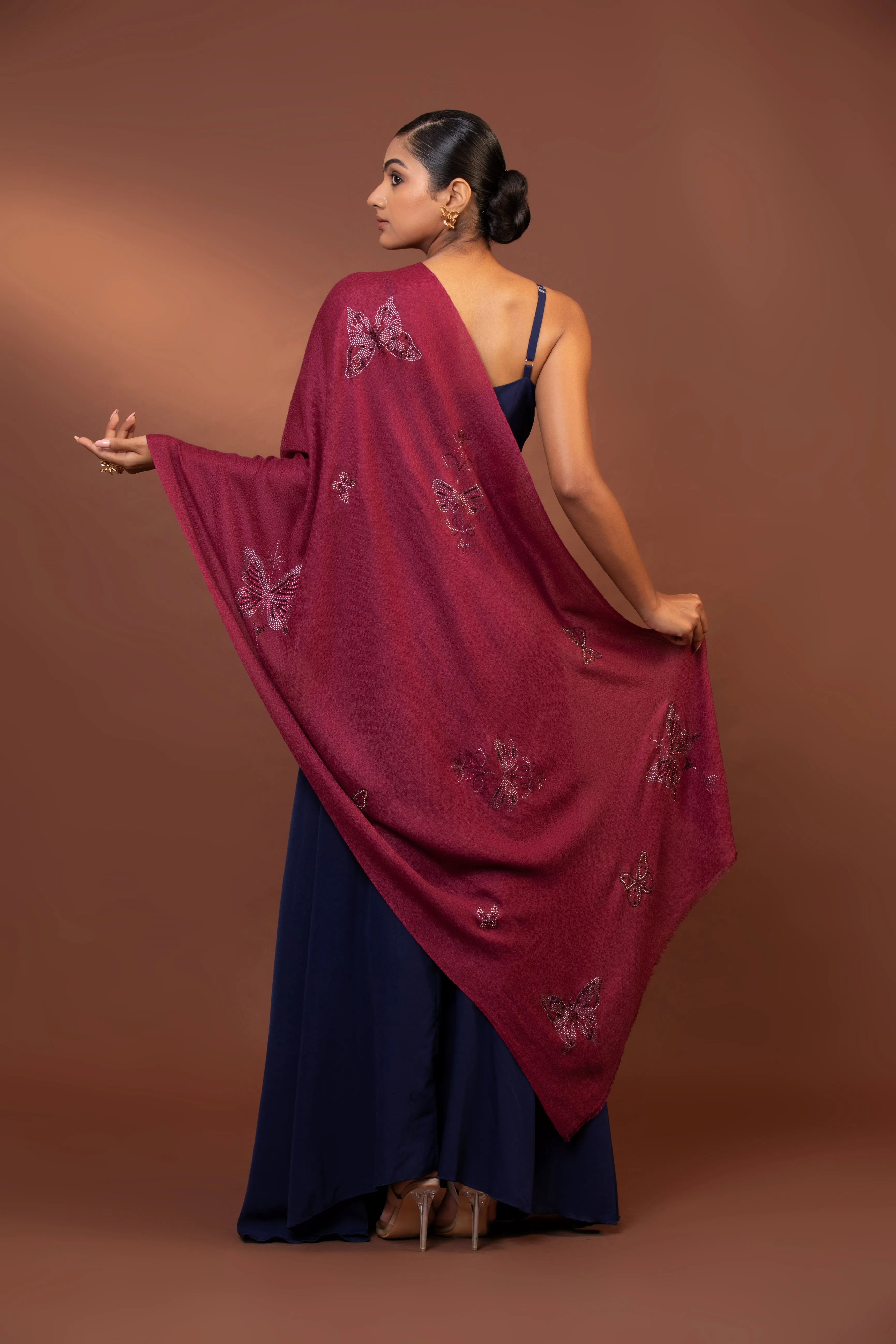 Pink Embroidered Sequin Butterfly Wool Shawl for Women