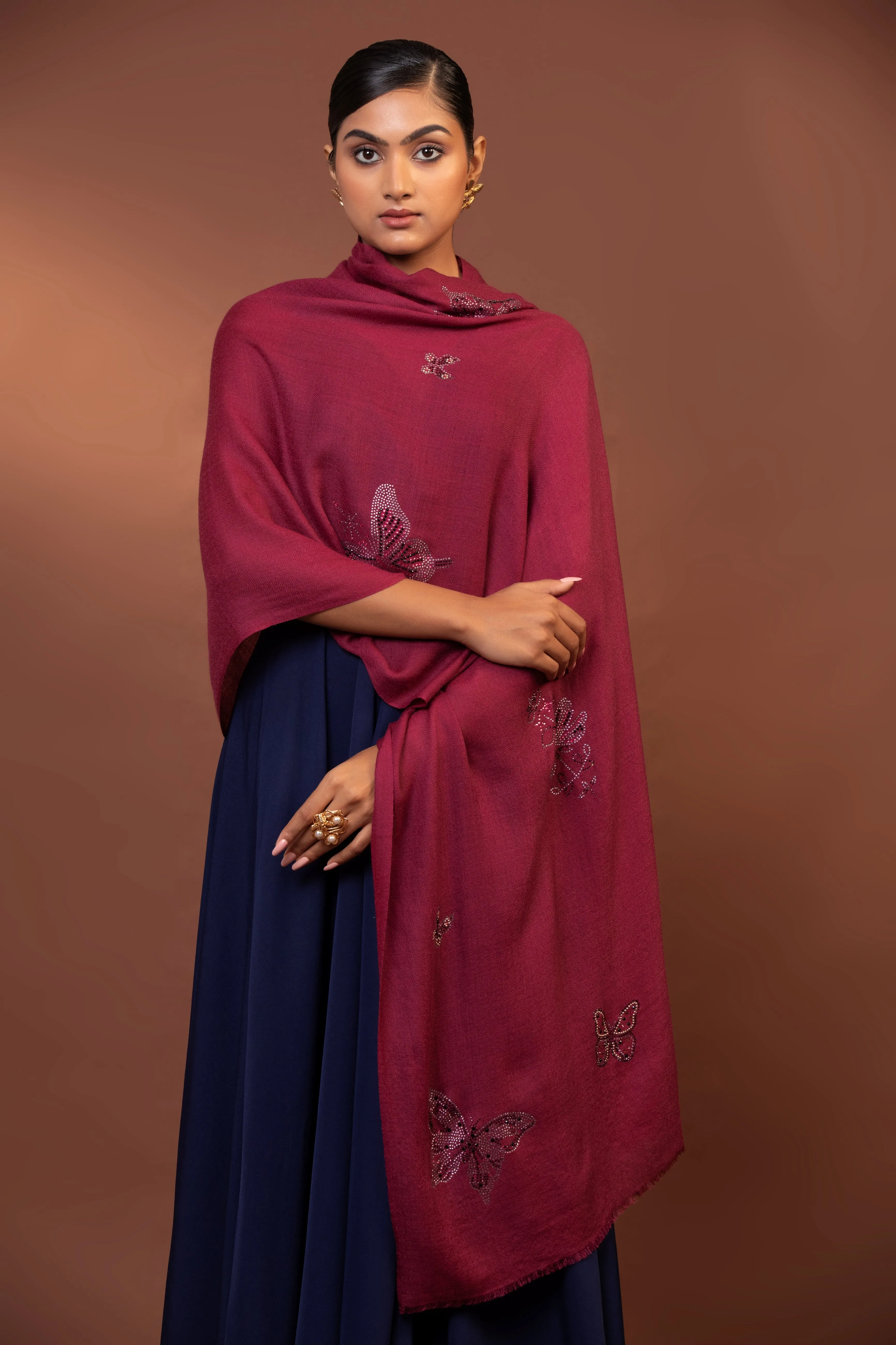 Pink Embroidered Sequin Butterfly Wool Shawl for Women