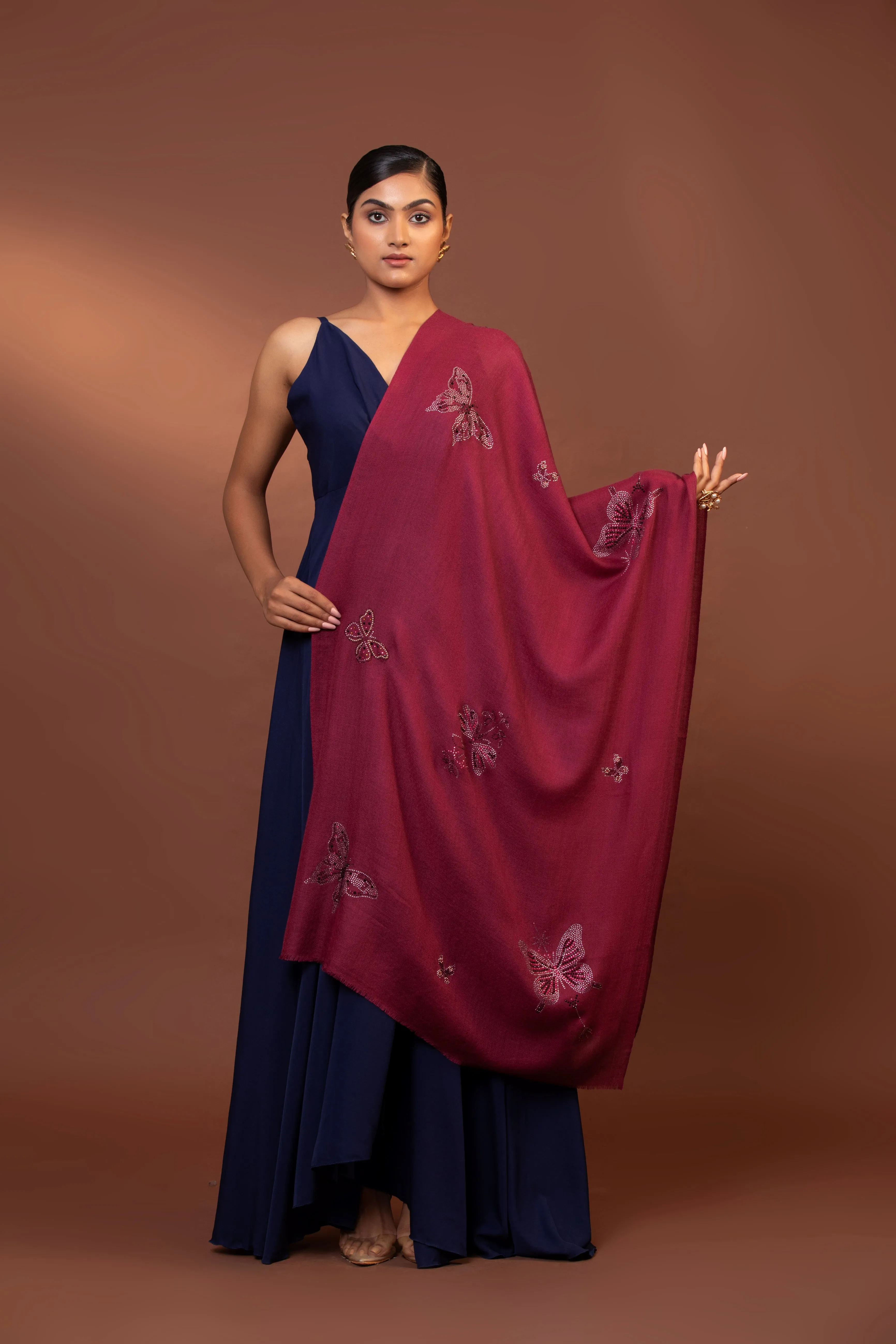 Pink Embroidered Sequin Butterfly Wool Shawl for Women