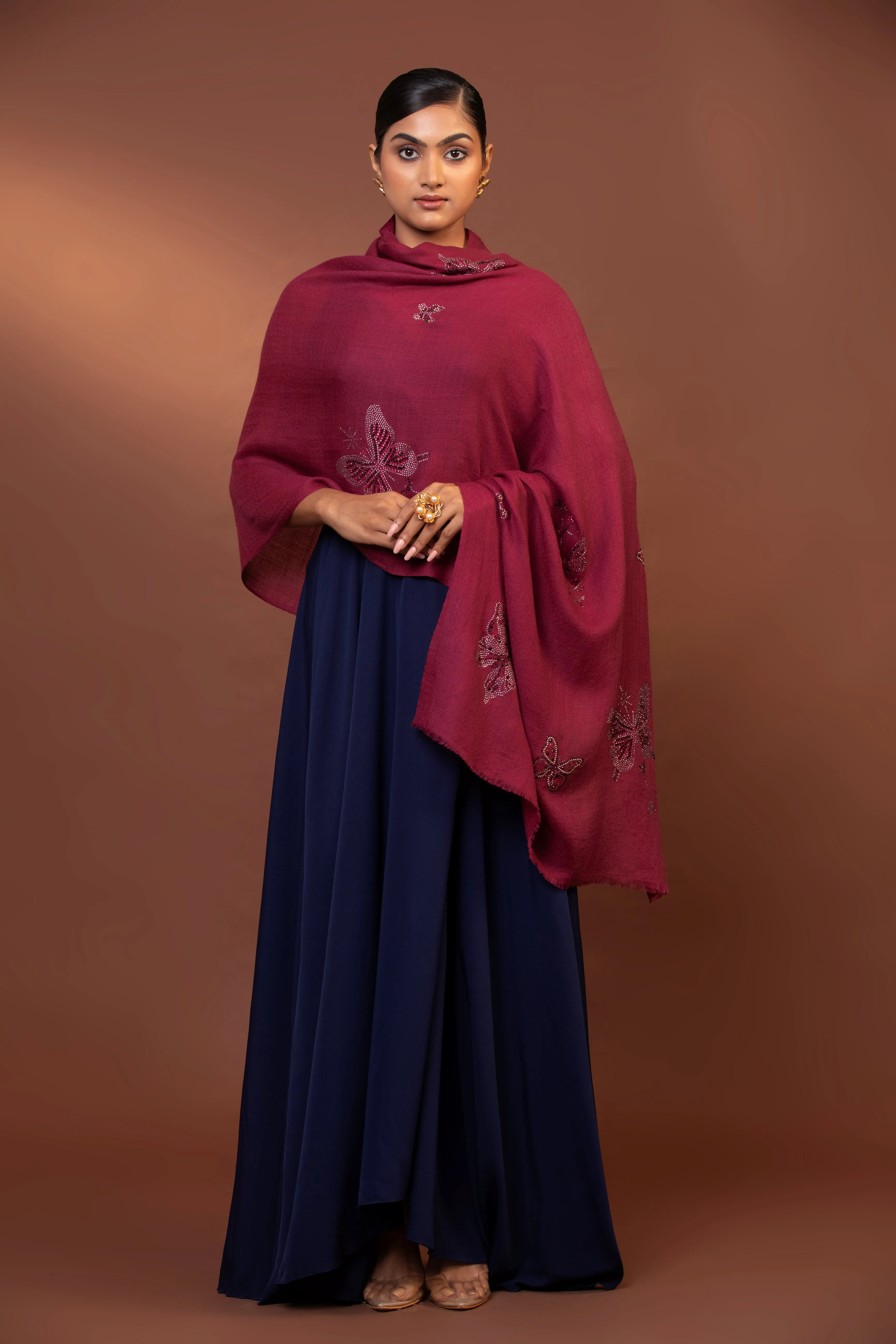 Pink Embroidered Sequin Butterfly Wool Shawl for Women