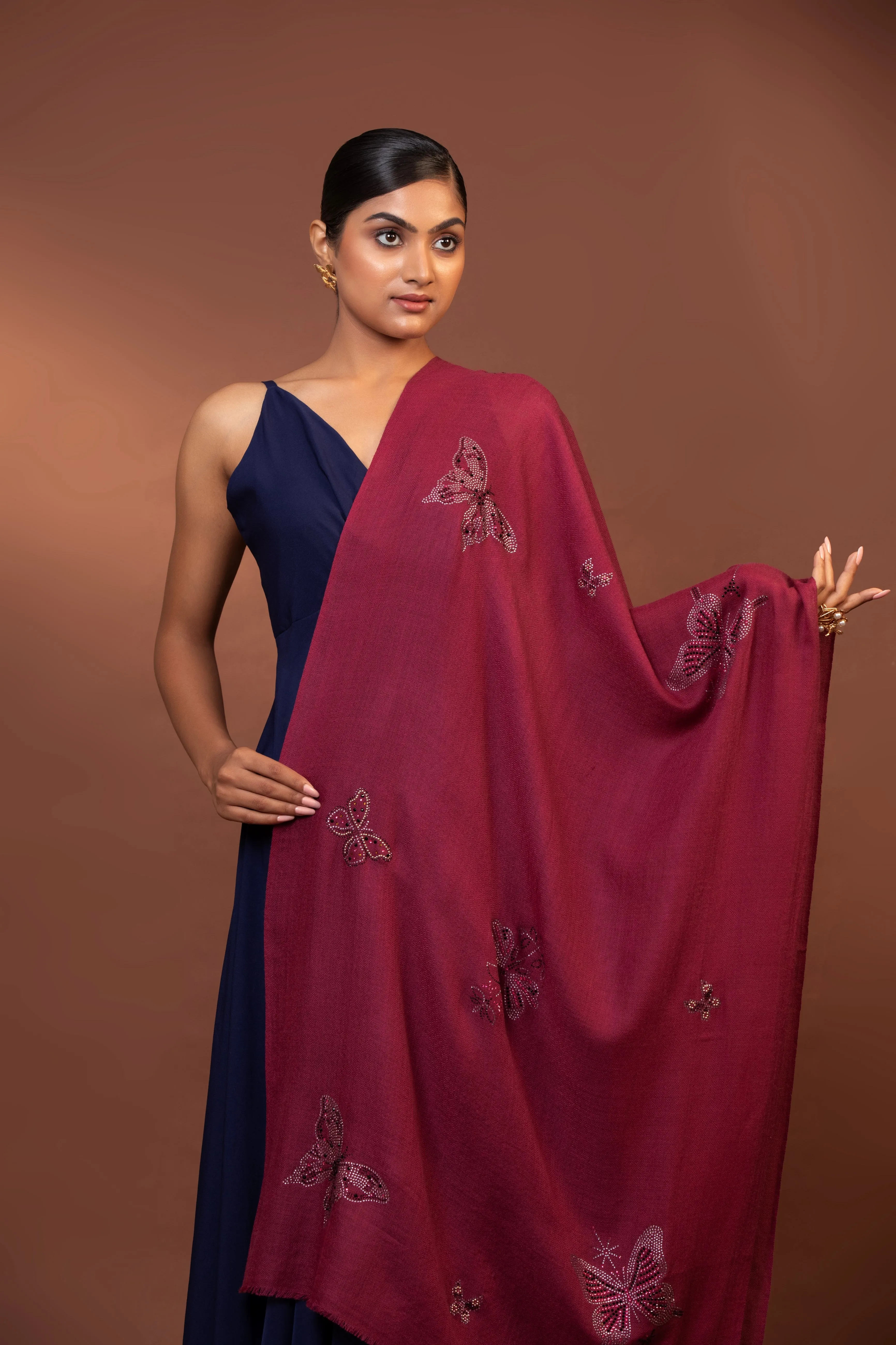 Pink Embroidered Sequin Butterfly Wool Shawl for Women