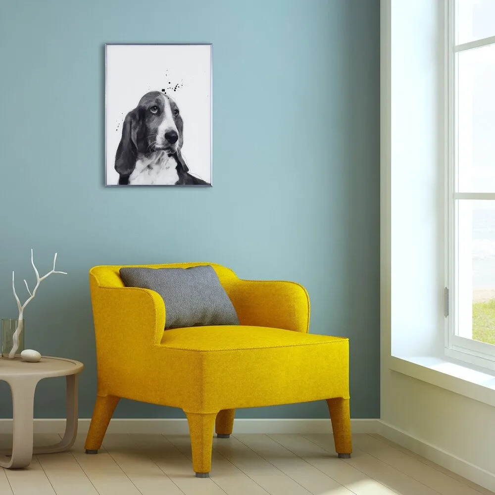 "Basset Hound" Black and White Dog Wall Art Reverse Printed Glass Encased with a Gunmetal Anodized Frame