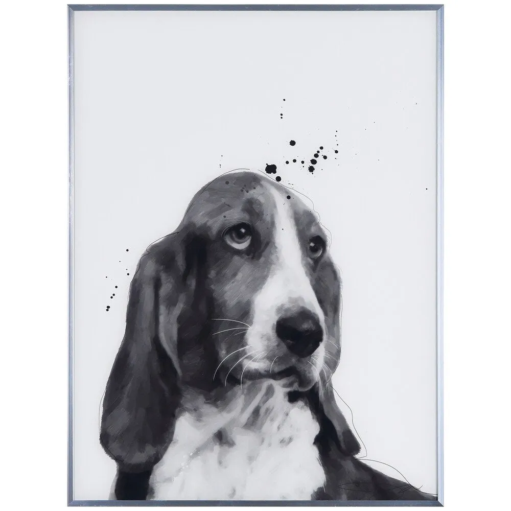 "Basset Hound" Black and White Dog Wall Art Reverse Printed Glass Encased with a Gunmetal Anodized Frame