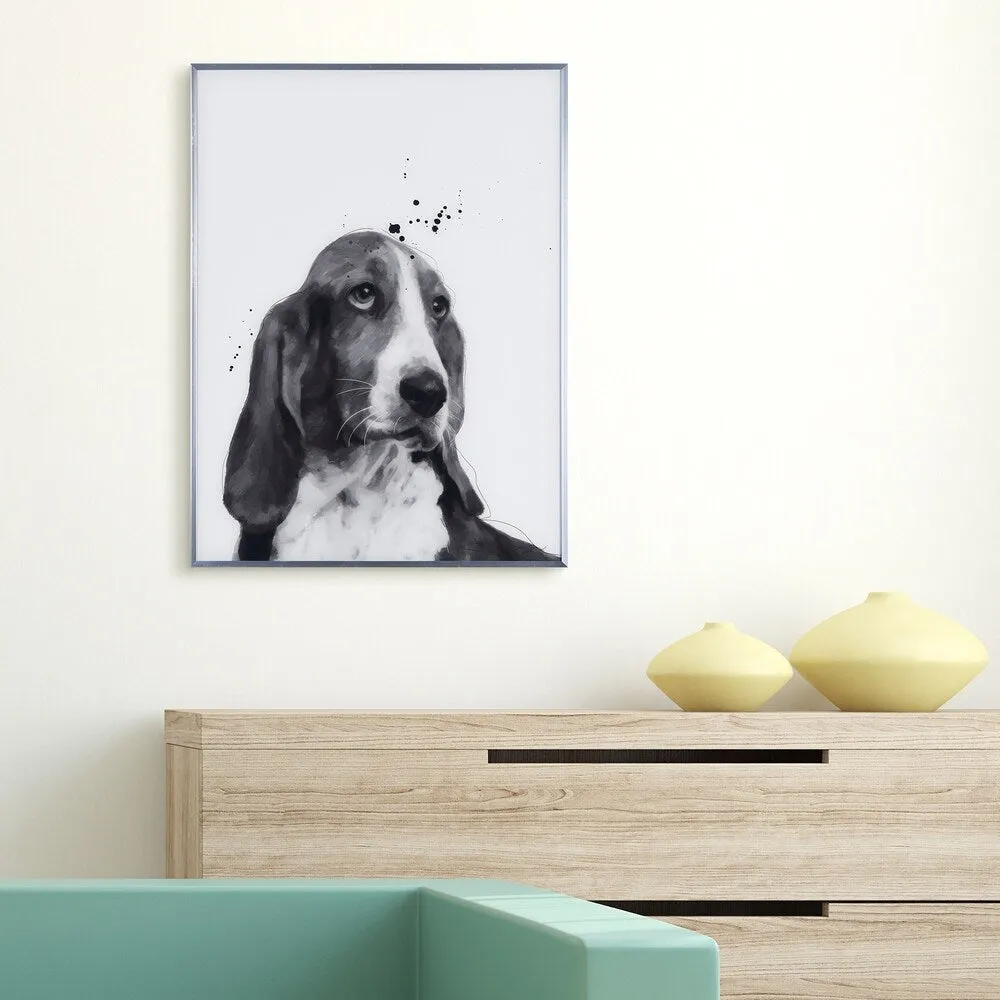 "Basset Hound" Black and White Dog Wall Art Reverse Printed Glass Encased with a Gunmetal Anodized Frame