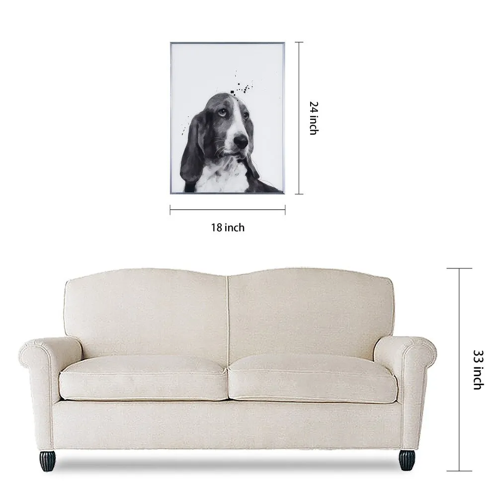 "Basset Hound" Black and White Dog Wall Art Reverse Printed Glass Encased with a Gunmetal Anodized Frame
