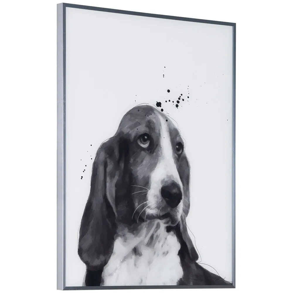 "Basset Hound" Black and White Dog Wall Art Reverse Printed Glass Encased with a Gunmetal Anodized Frame
