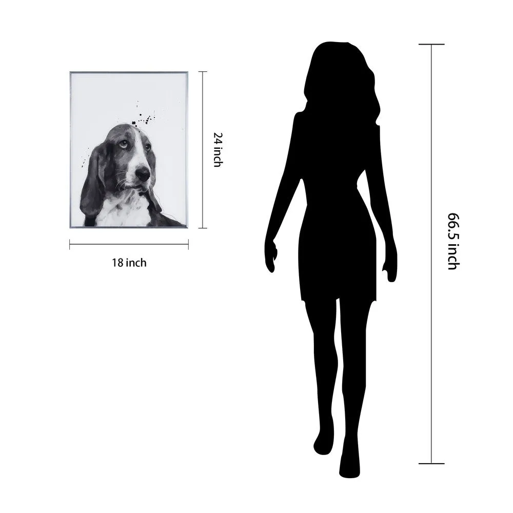 "Basset Hound" Black and White Dog Wall Art Reverse Printed Glass Encased with a Gunmetal Anodized Frame