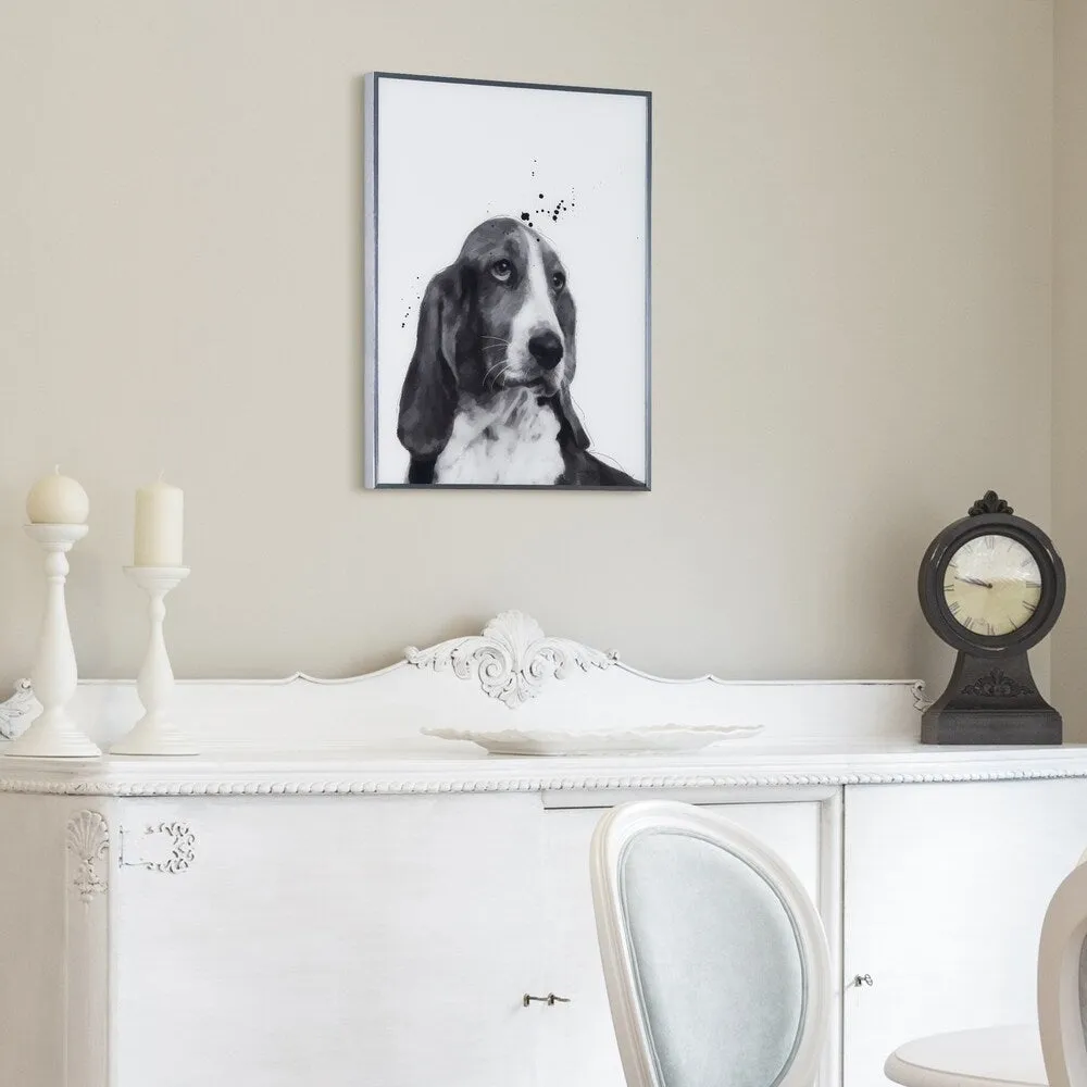 "Basset Hound" Black and White Dog Wall Art Reverse Printed Glass Encased with a Gunmetal Anodized Frame