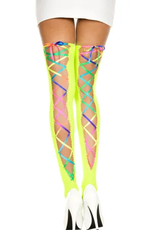 Rainbow Lace-Up Neon Green Thigh Highs