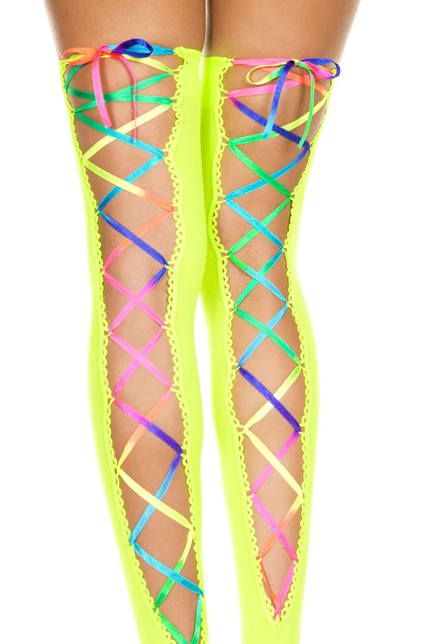 Rainbow Lace-Up Neon Green Thigh Highs