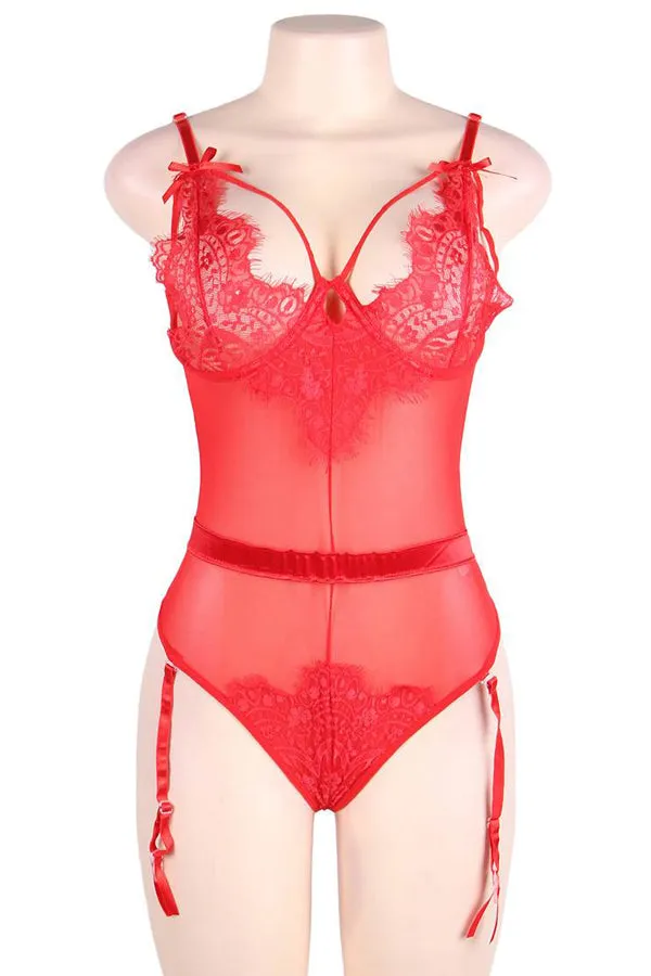 Red Mesh and Lace Cut-Out Teddy