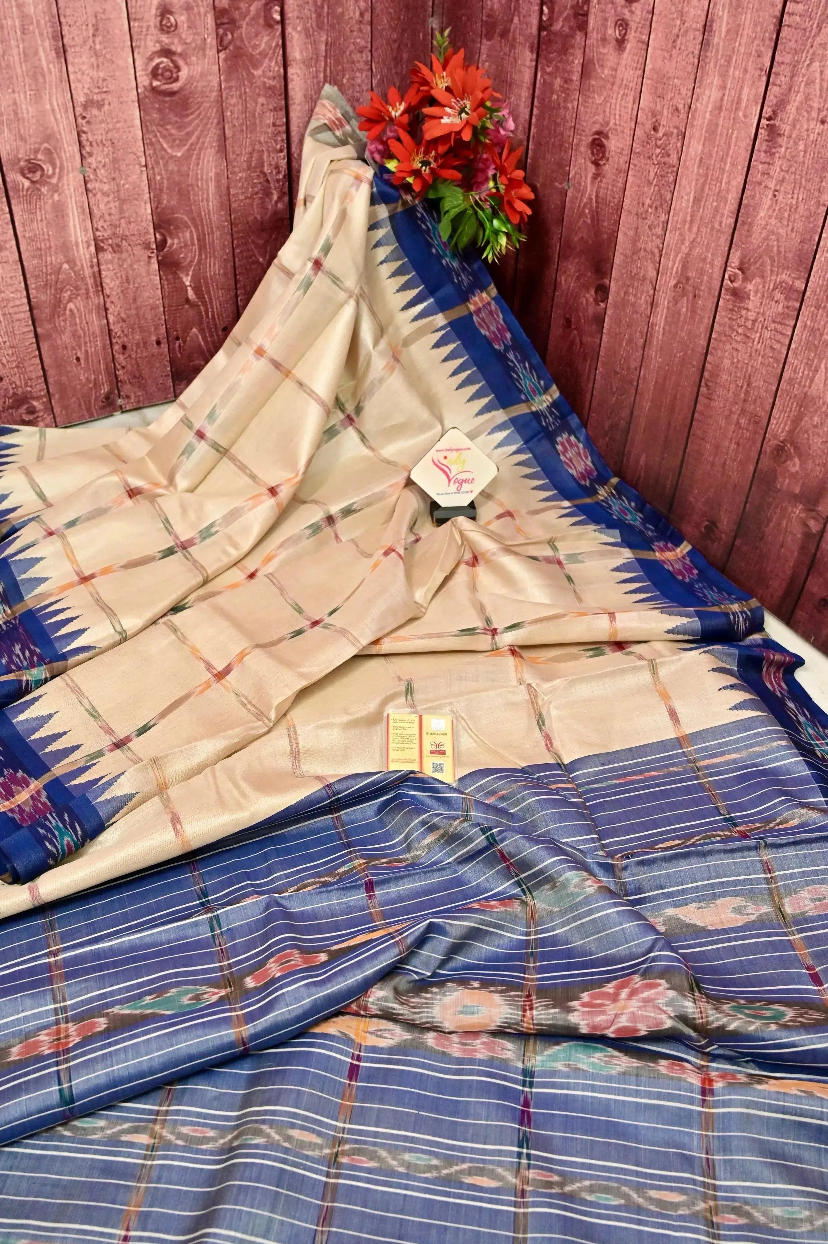 Sandalwood and Blue Color Tussar Silk Saree with Sambalpuri Border and Sambalpuri Pallu