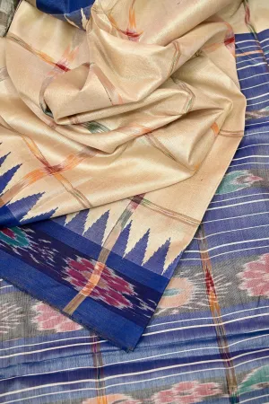 Sandalwood and Blue Color Tussar Silk Saree with Sambalpuri Border and Sambalpuri Pallu