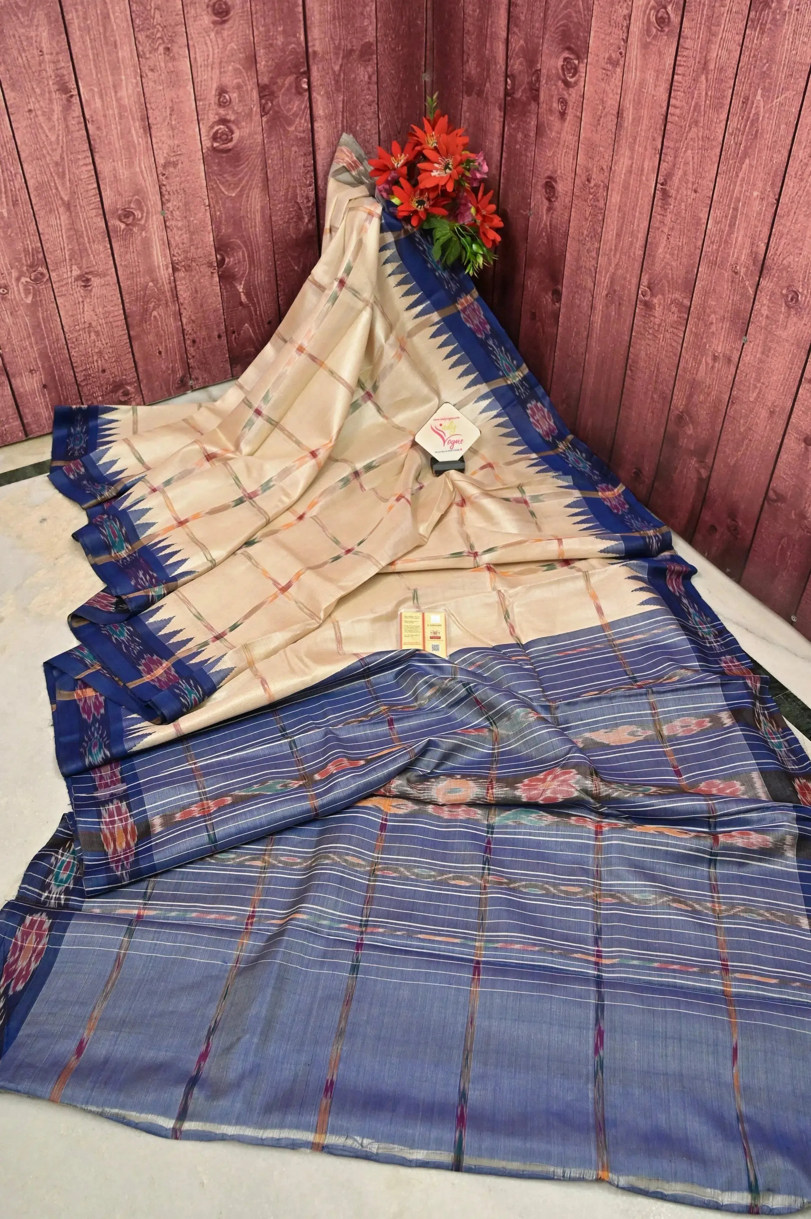 Sandalwood and Blue Color Tussar Silk Saree with Sambalpuri Border and Sambalpuri Pallu