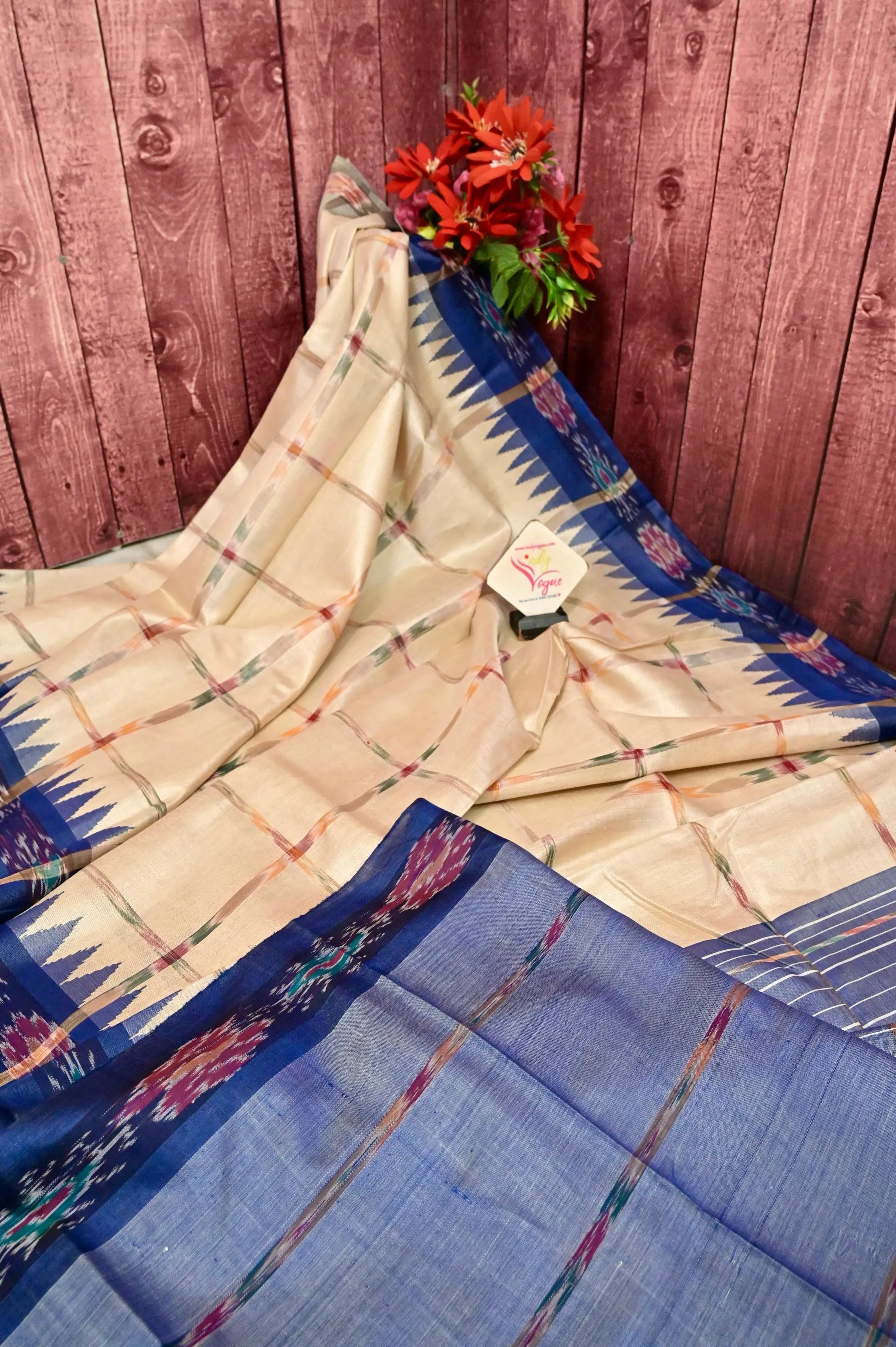 Sandalwood and Blue Color Tussar Silk Saree with Sambalpuri Border and Sambalpuri Pallu