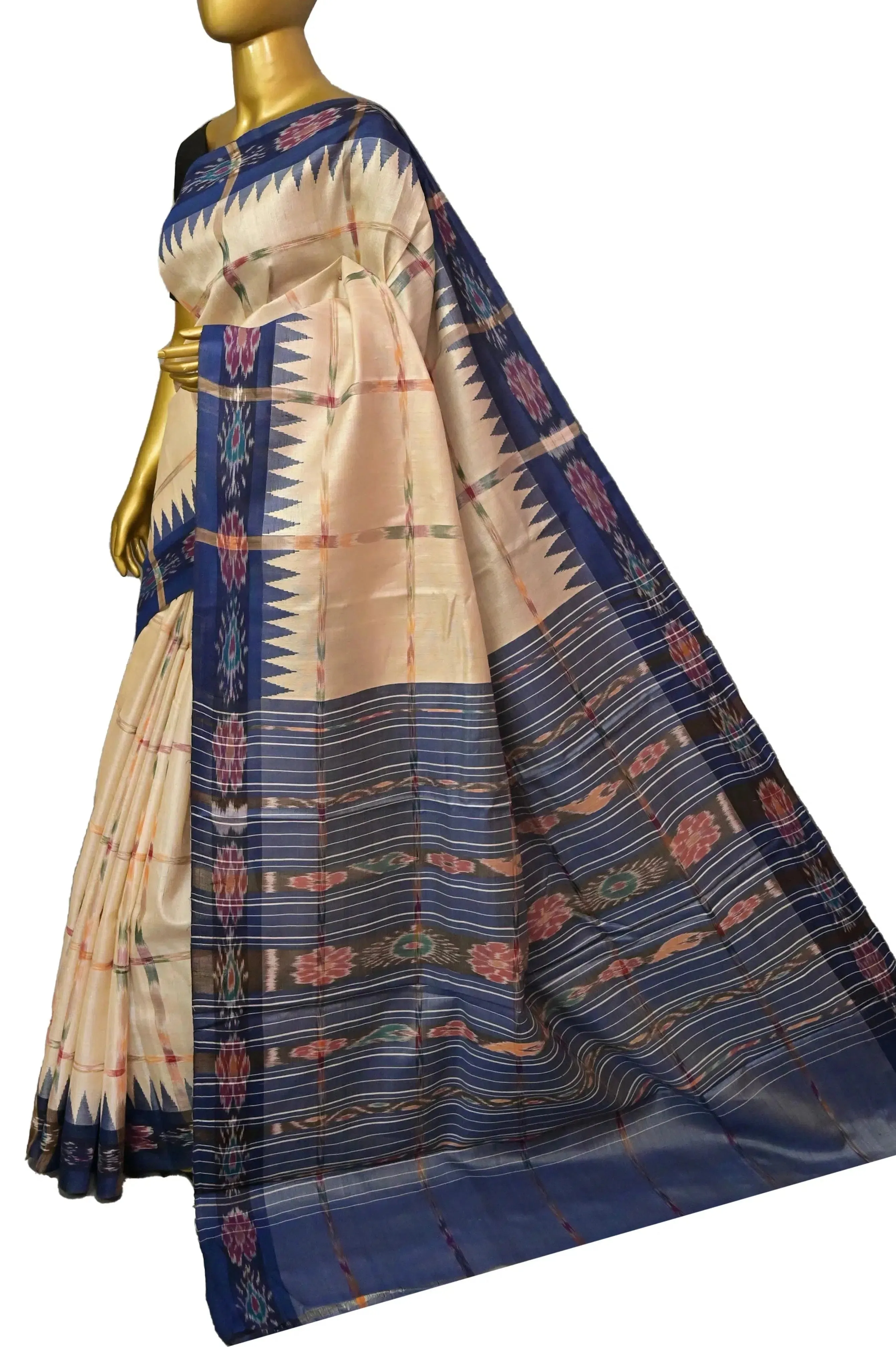 Sandalwood and Blue Color Tussar Silk Saree with Sambalpuri Border and Sambalpuri Pallu