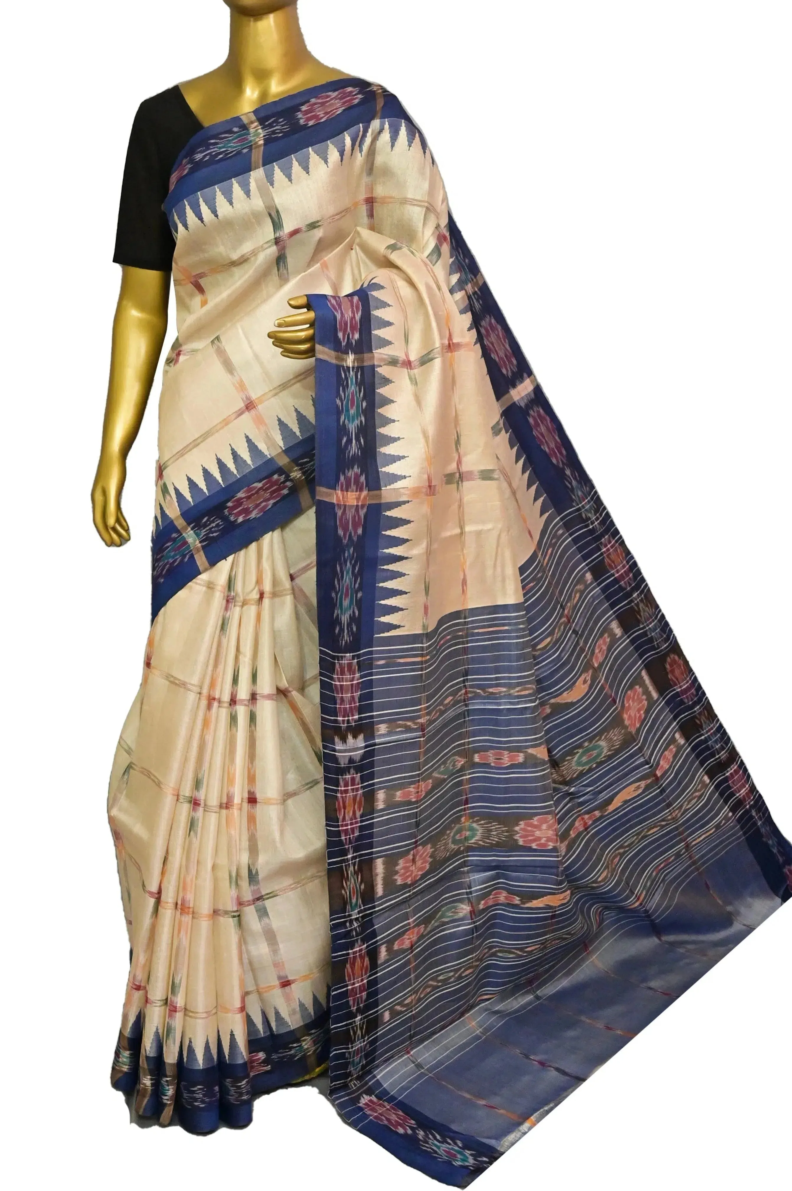 Sandalwood and Blue Color Tussar Silk Saree with Sambalpuri Border and Sambalpuri Pallu