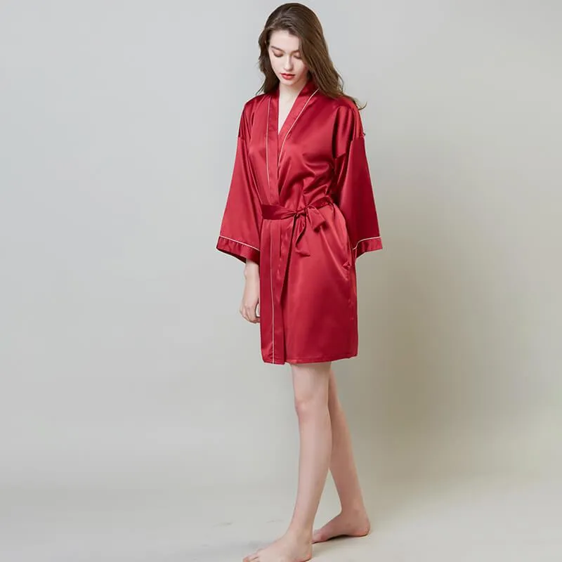Short 100% Silk Robes With Trim Women Silk Nightwear
