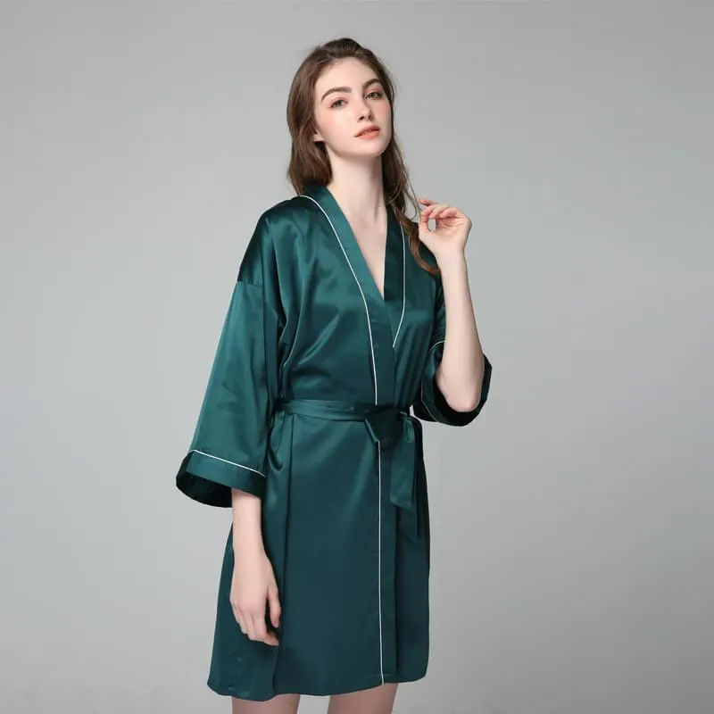 Short 100% Silk Robes With Trim Women Silk Nightwear
