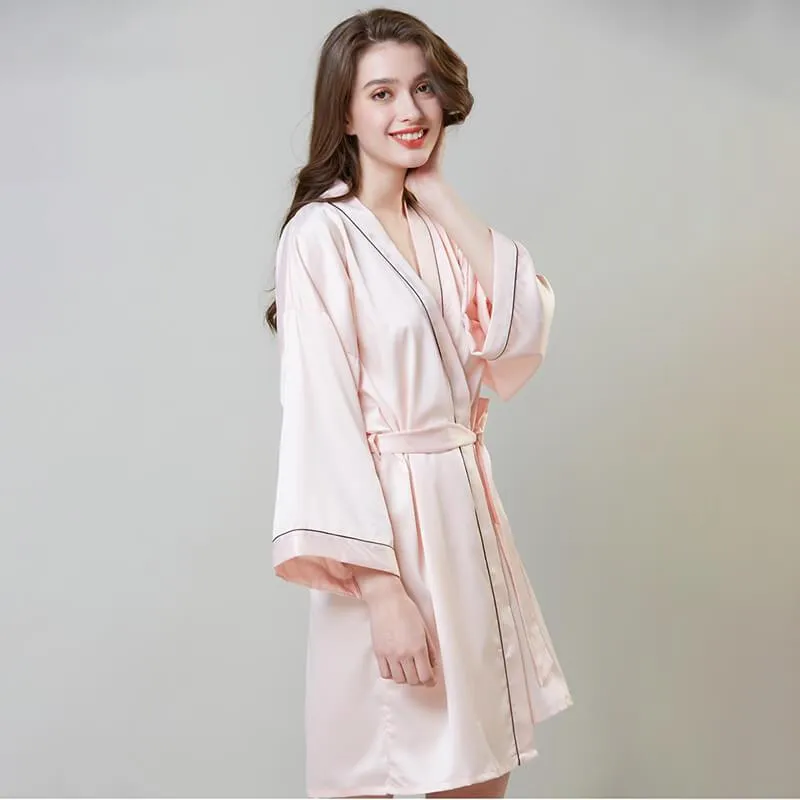 Short 100% Silk Robes With Trim Women Silk Nightwear