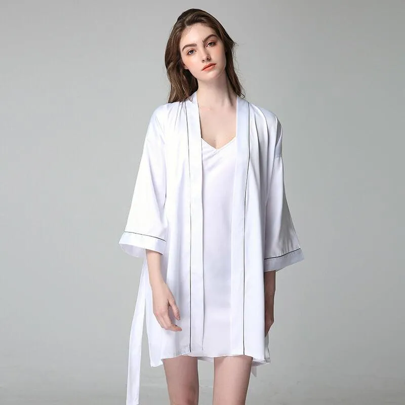 Short 100% Silk Robes With Trim Women Silk Nightwear