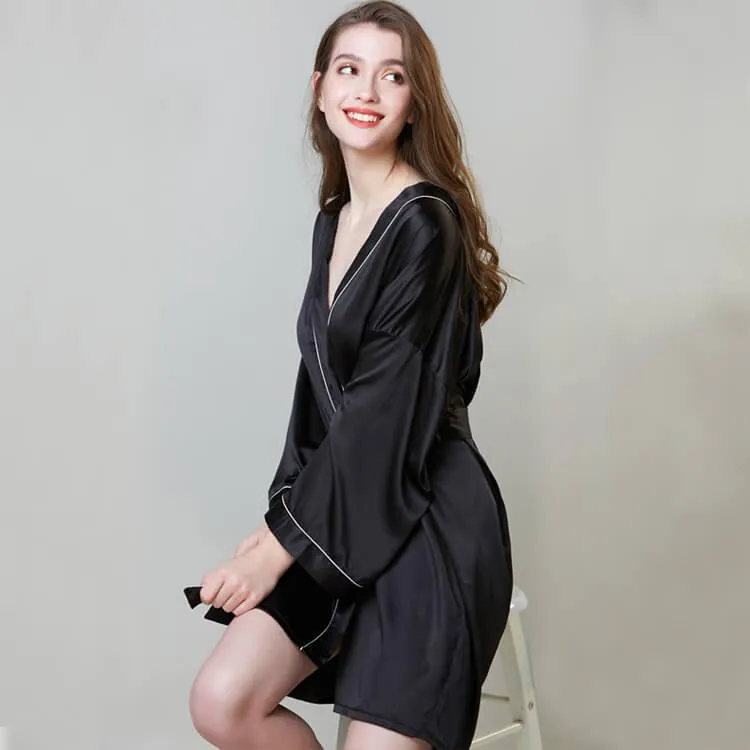 Short 100% Silk Robes With Trim Women Silk Nightwear