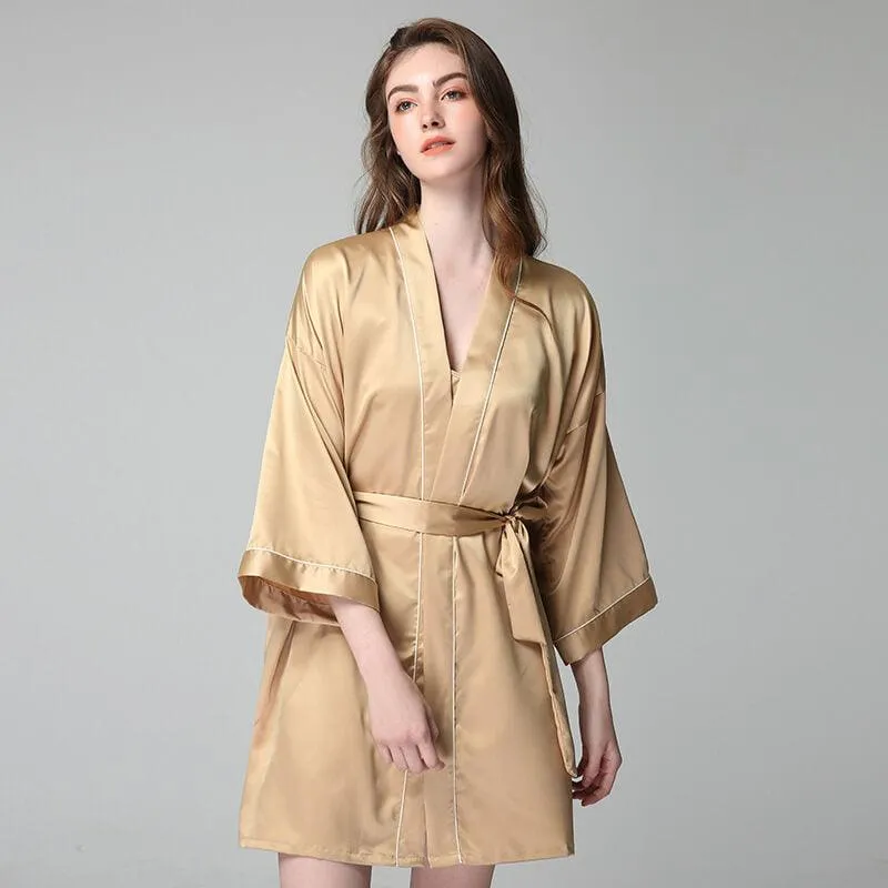 Short 100% Silk Robes With Trim Women Silk Nightwear