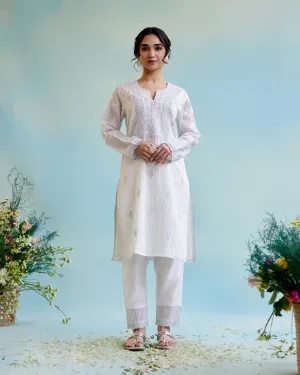 Silver Zari Crushed Stripe Tissue Kurta with 
Floral Embroidery and Bead Work 
with Narrow Pants