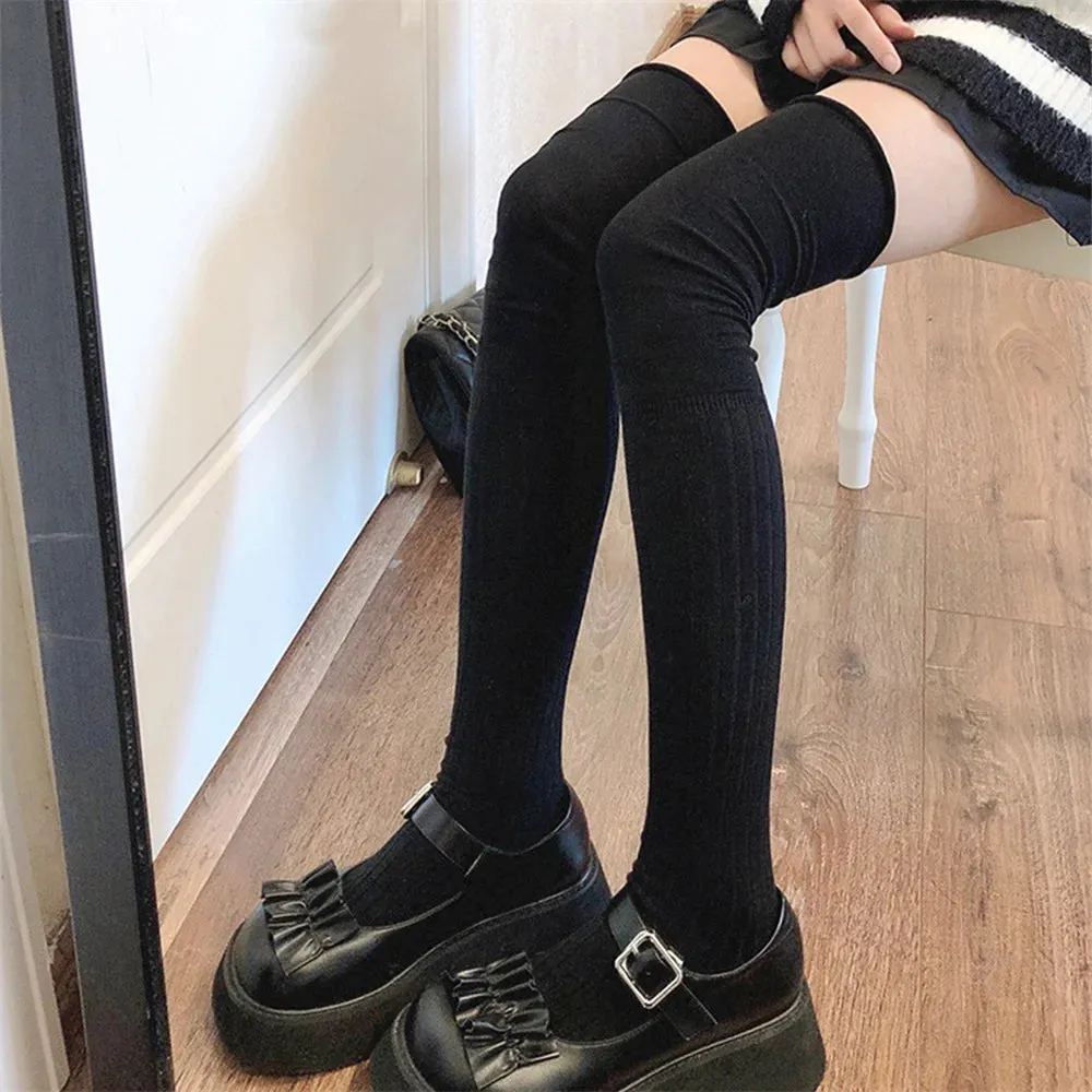Sohiwoo JK Thigh High Stockings Long Socks Women Autumn Winter Warm Thick Fashion Casual Leg Warmer Solid Color Over The Knee  Leggings