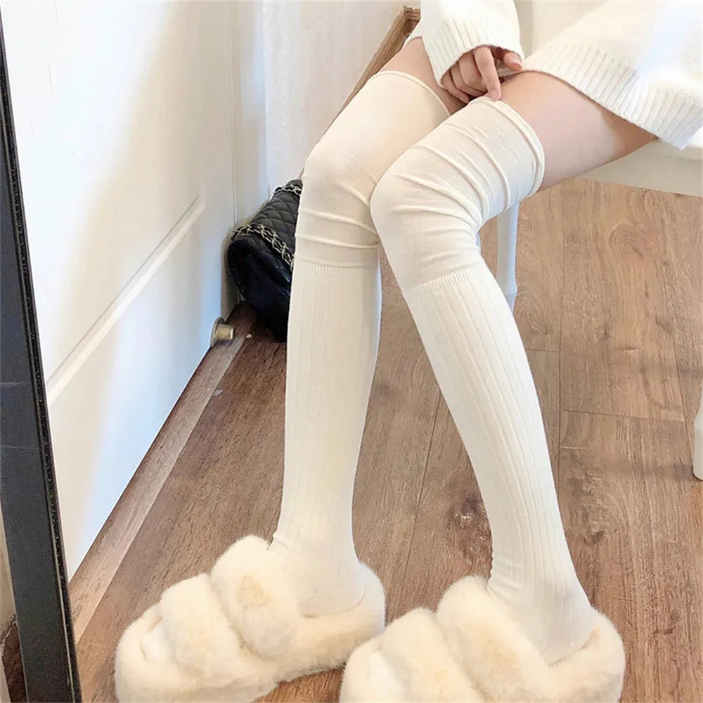 Sohiwoo JK Thigh High Stockings Long Socks Women Autumn Winter Warm Thick Fashion Casual Leg Warmer Solid Color Over The Knee  Leggings