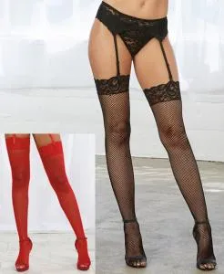 Stockings, Fishnet thigh high with lace top Stockings.