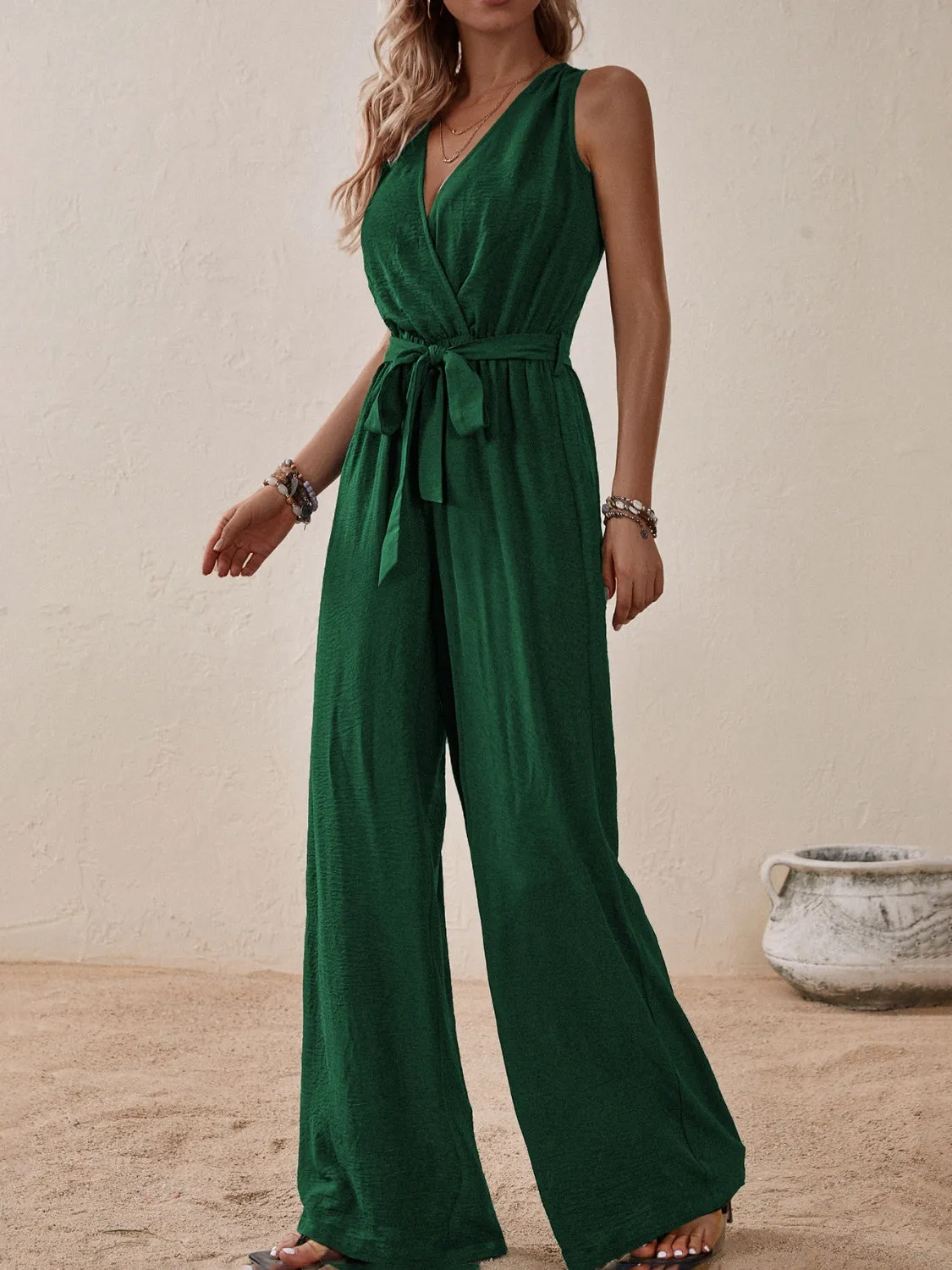 Tied Surplice Sleeveless Wide Leg Jumpsuit - Opaque, Elegant, and Comfortable
