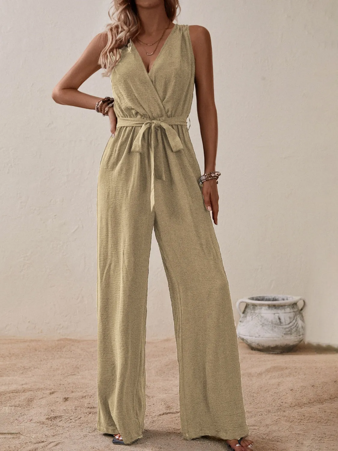 Tied Surplice Sleeveless Wide Leg Jumpsuit - Opaque, Elegant, and Comfortable