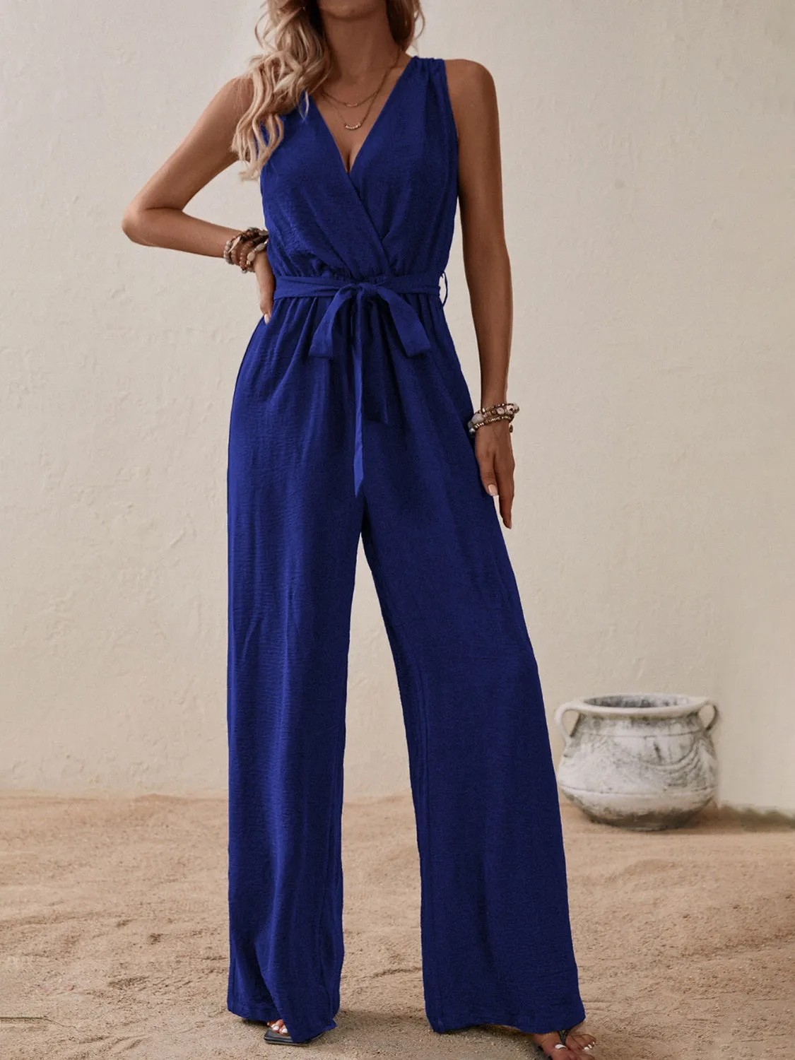 Tied Surplice Sleeveless Wide Leg Jumpsuit - Opaque, Elegant, and Comfortable