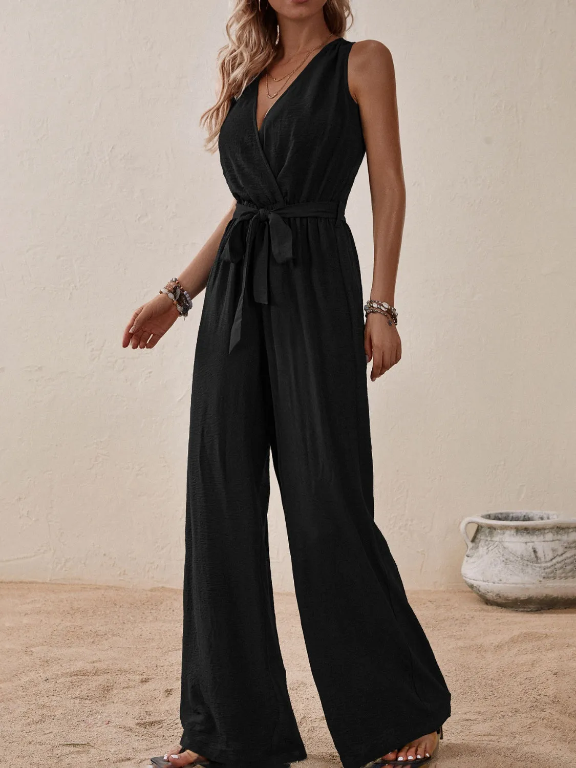 Tied Surplice Sleeveless Wide Leg Jumpsuit - Opaque, Elegant, and Comfortable