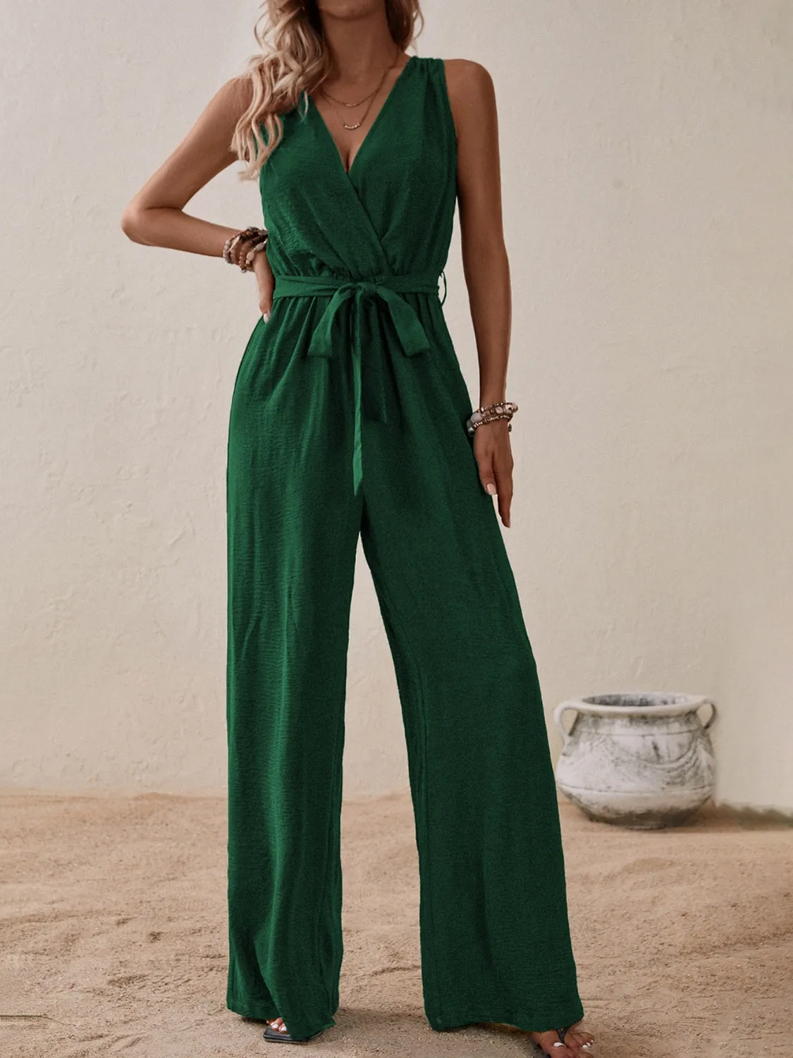 Tied Surplice Sleeveless Wide Leg Jumpsuit - Opaque, Elegant, and Comfortable