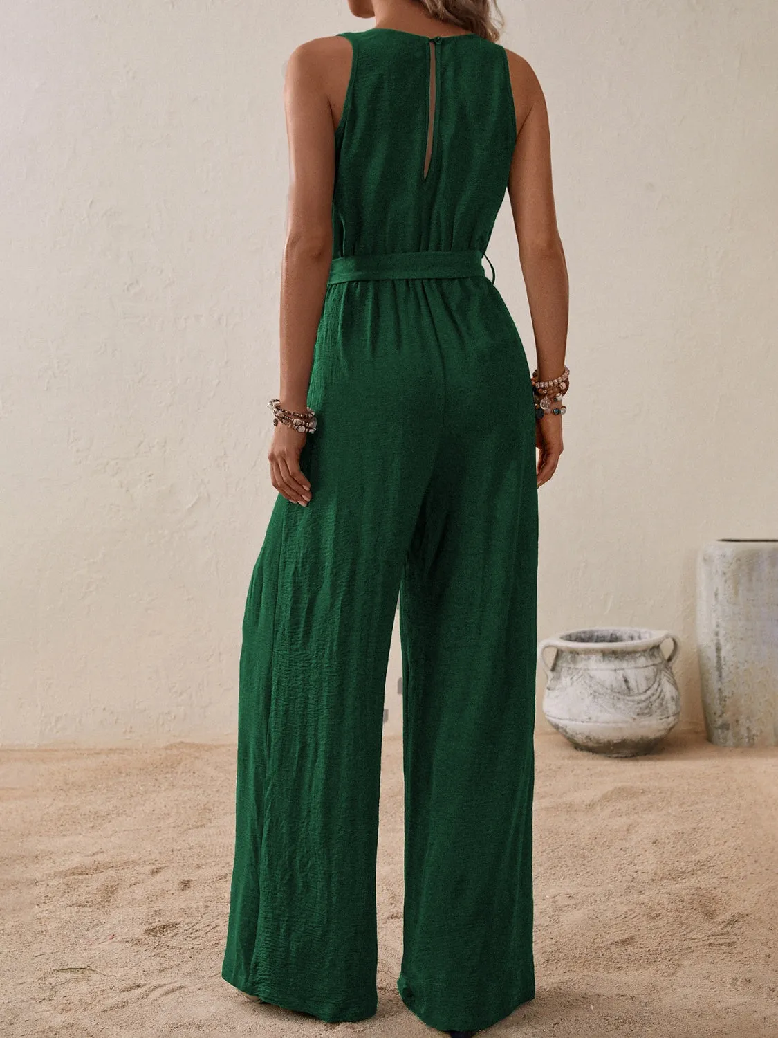 Tied Surplice Sleeveless Wide Leg Jumpsuit - Opaque, Elegant, and Comfortable
