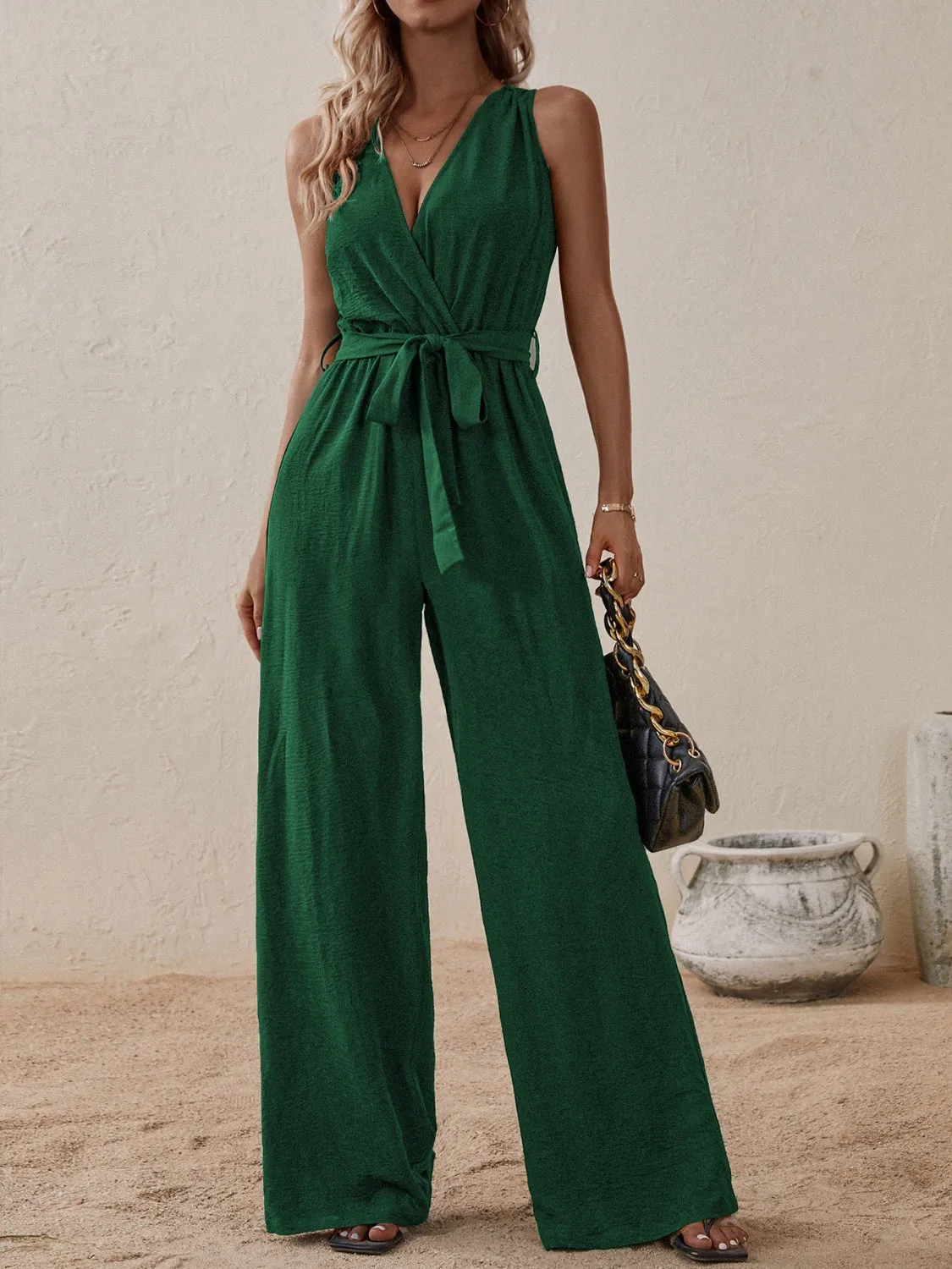 Tied Surplice Sleeveless Wide Leg Jumpsuit - Opaque, Elegant, and Comfortable