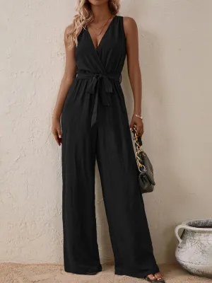 Tied Surplice Sleeveless Wide Leg Jumpsuit - Opaque, Elegant, and Comfortable