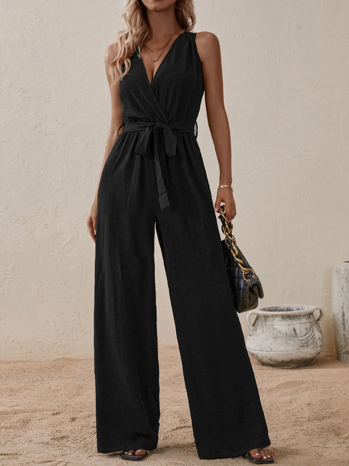 Tied Surplice Sleeveless Wide Leg Jumpsuit - Opaque, Elegant, and Comfortable