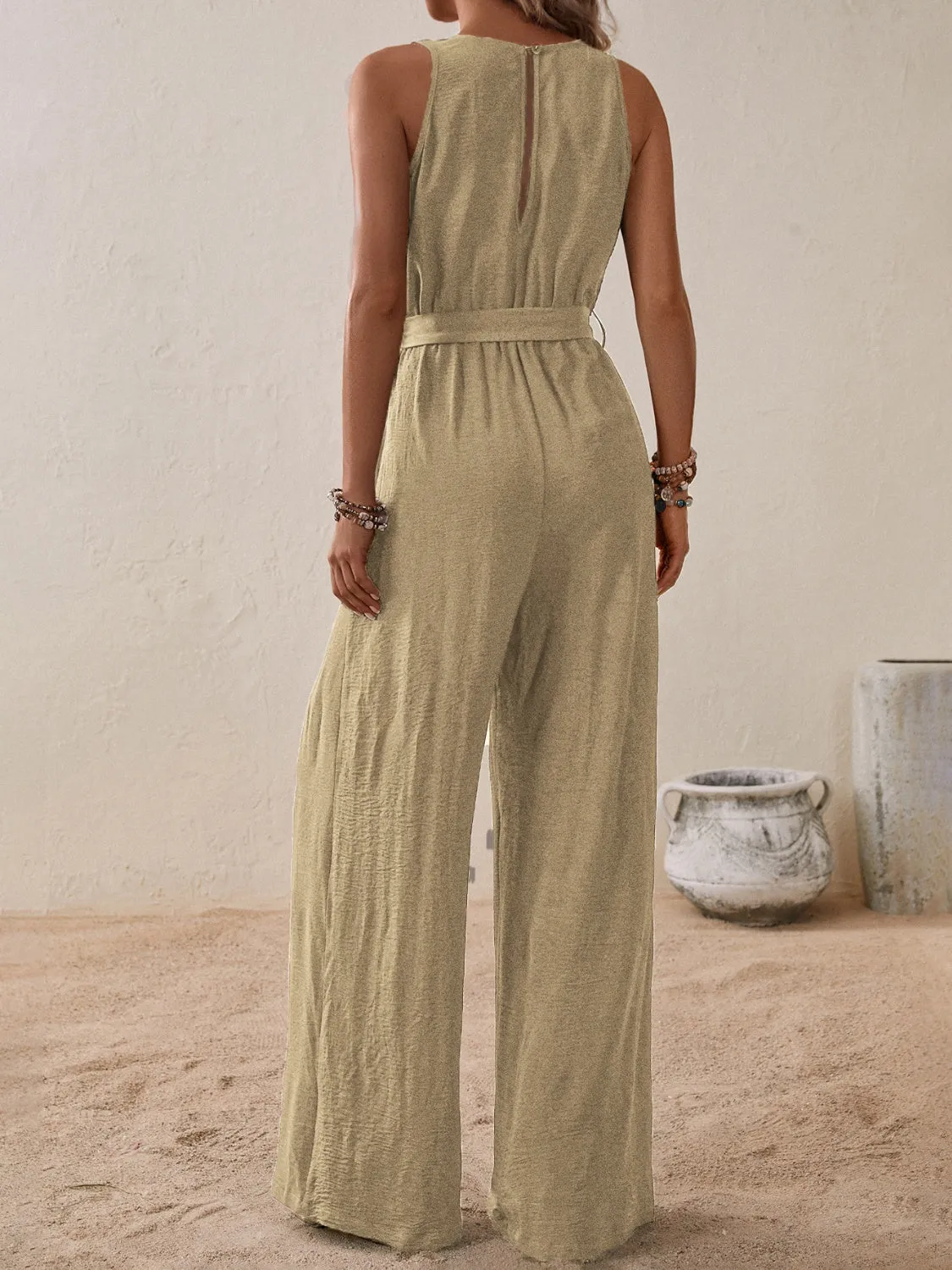 Tied Surplice Sleeveless Wide Leg Jumpsuit - Opaque, Elegant, and Comfortable
