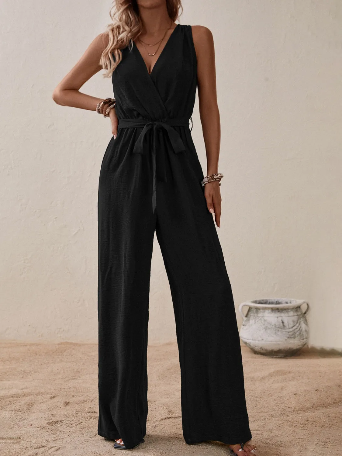 Tied Surplice Sleeveless Wide Leg Jumpsuit - Opaque, Elegant, and Comfortable