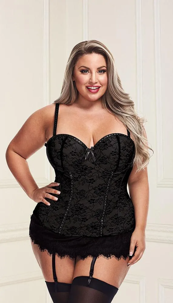 Underwire Bustier Set with Lace Overlay and Contoured Waist-Boning